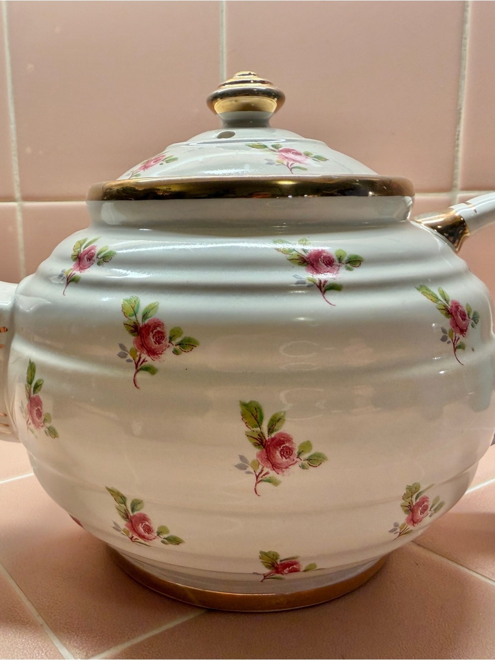 Sadler White Porcelain Teapot with Pink Rose Motif and Gold Trim